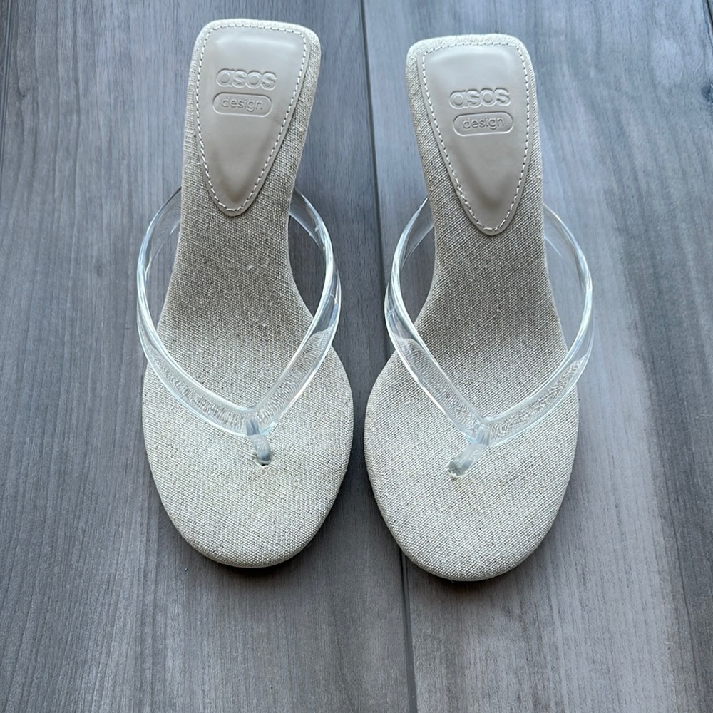 ASOS DESIGN Heat toe thong kitten heeled sandals in clear size 5